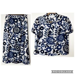 Maggy London Vintage Midi Skirt & Top Set Blue Ivory Silk Floral Women’s 4P